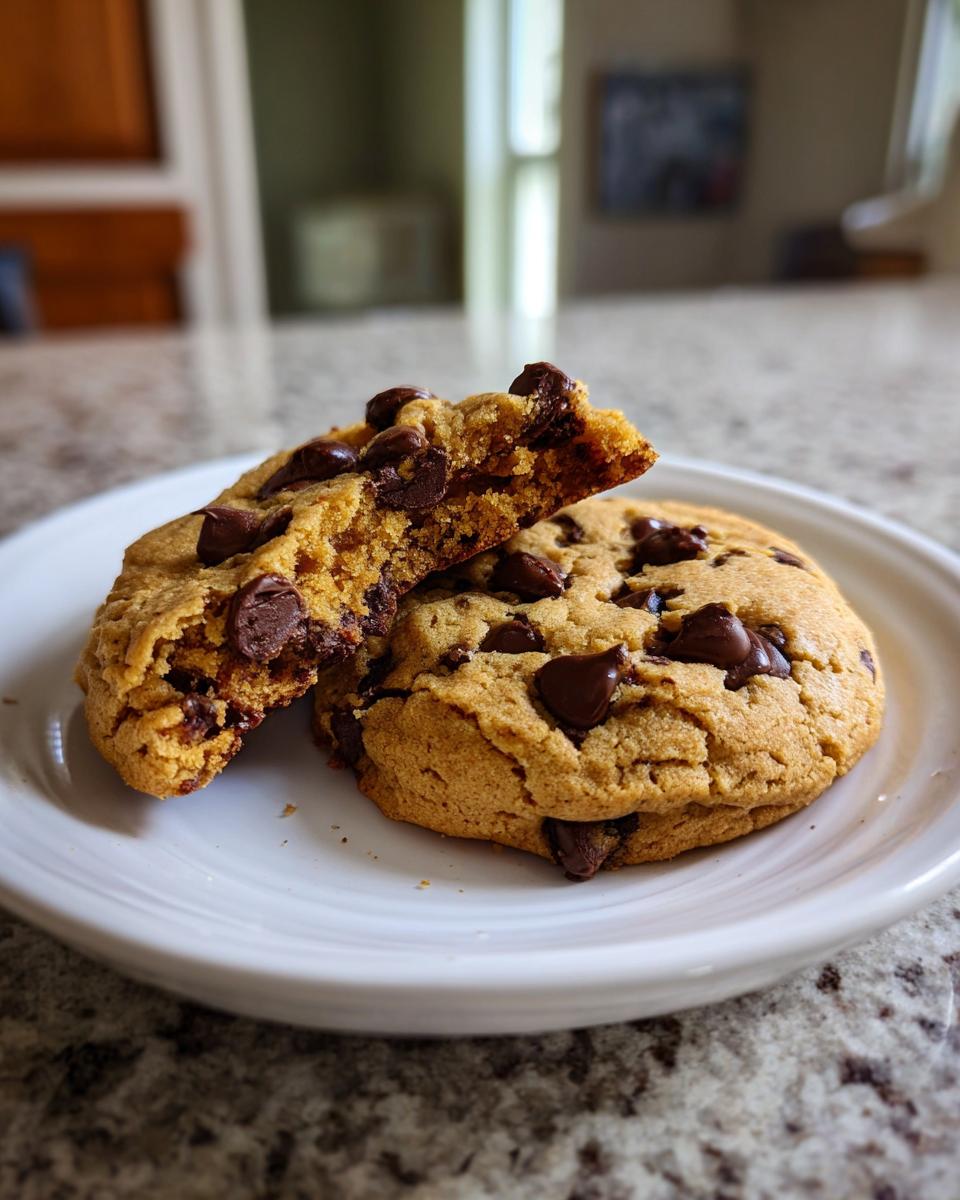 Two amazing vegan chocolate chip cookies on a white plate, one broken in half showing a gooey center.