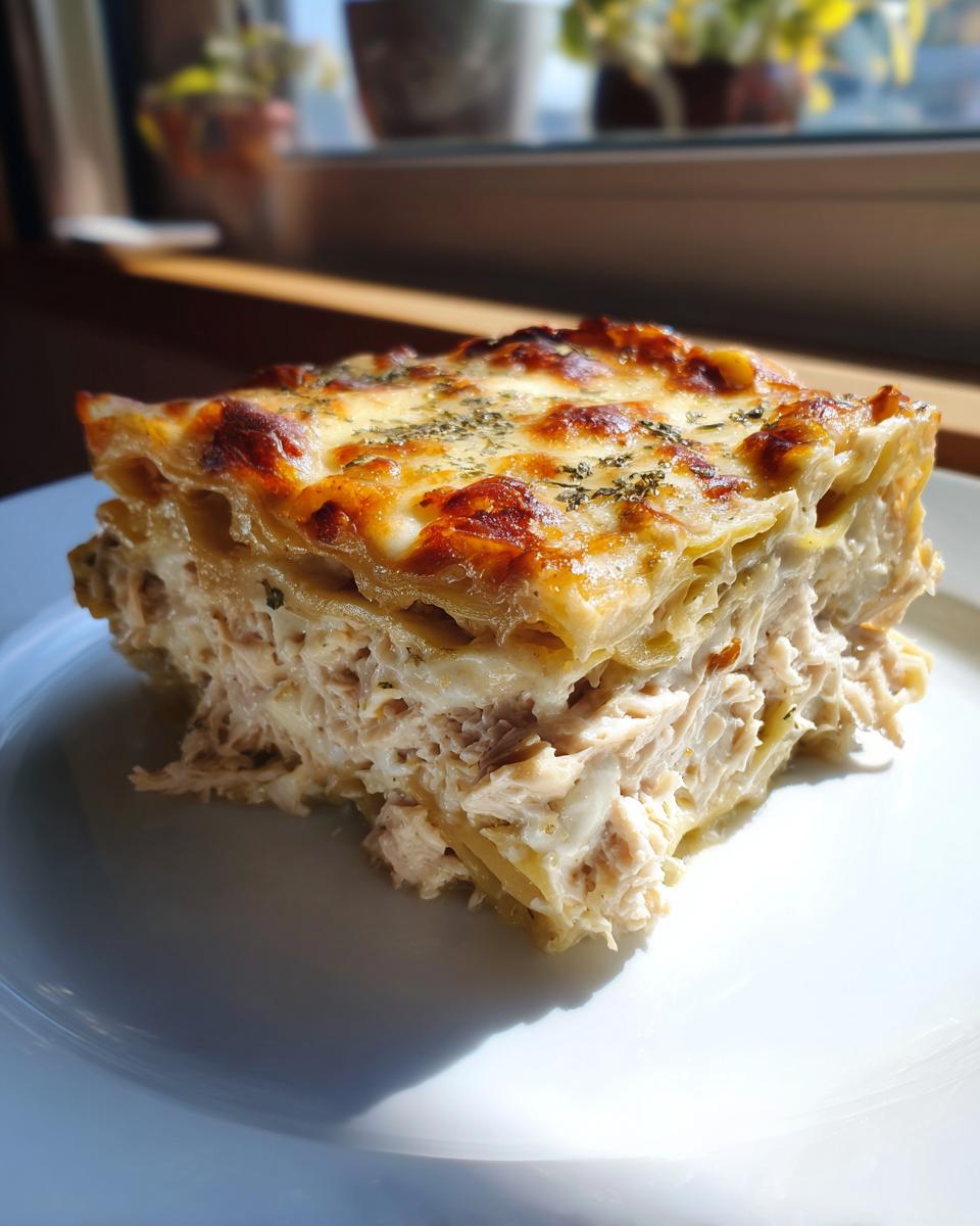 A generous slice of baked chicken alfredo lasagna showing layers of pasta, creamy sauce, shredded chicken, and golden melted cheese topping.