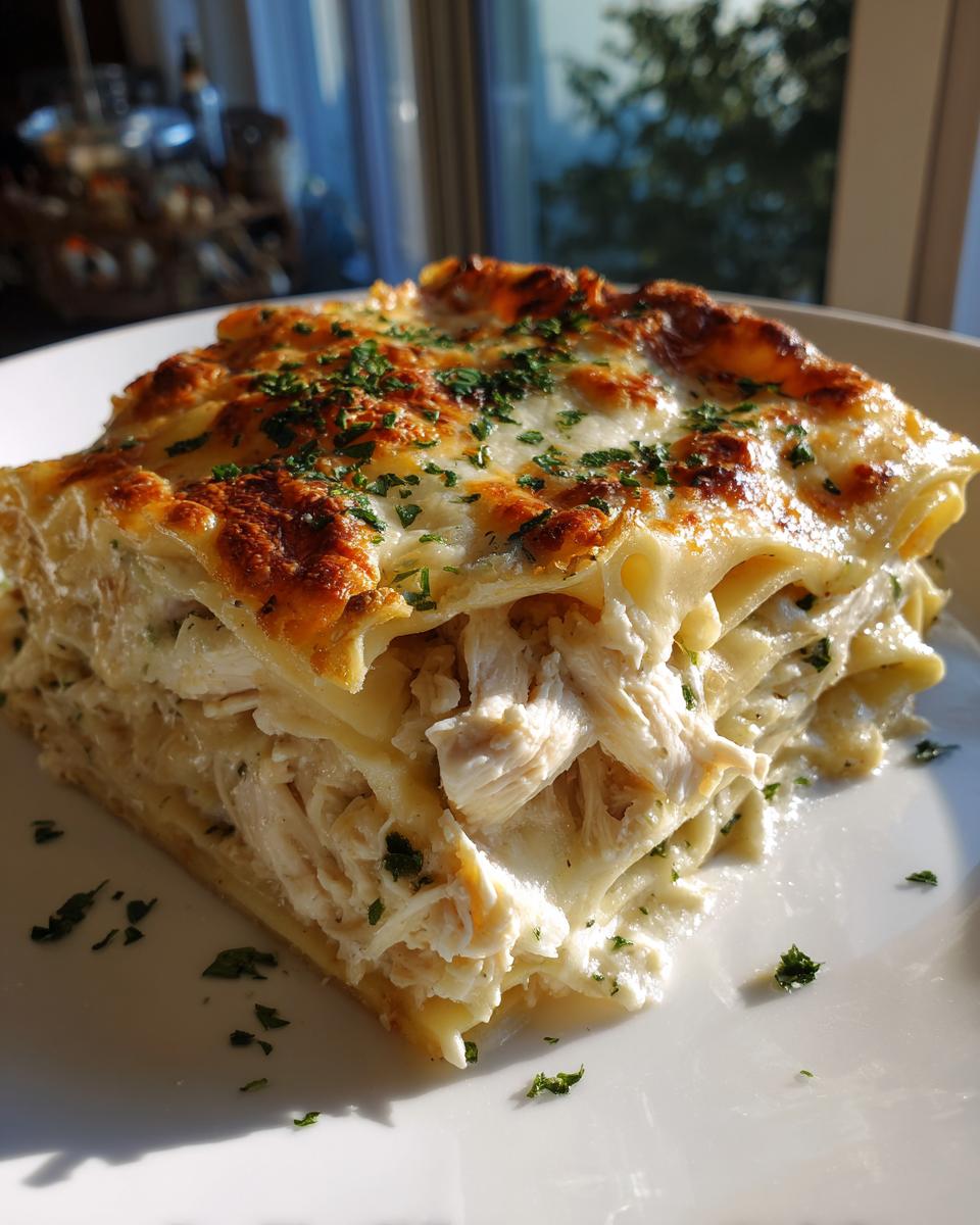 A generous slice of rich chicken alfredo lasagna showing layers of pasta, shredded chicken, and creamy sauce, topped with melted, browned cheese and parsley.