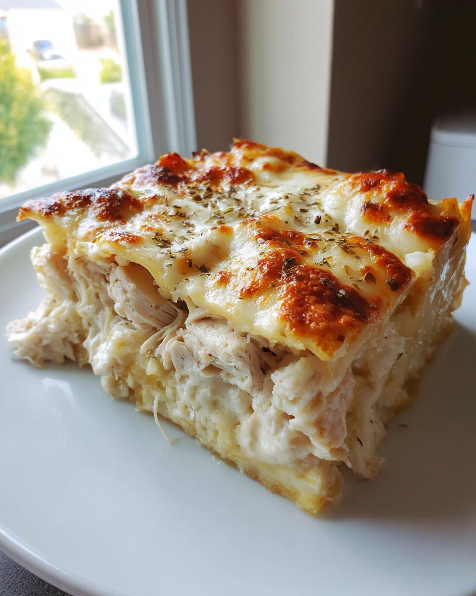A thick, square slice of rich chicken alfredo lasagna showing layers of shredded chicken and creamy sauce, topped with melted, browned cheese and herbs.