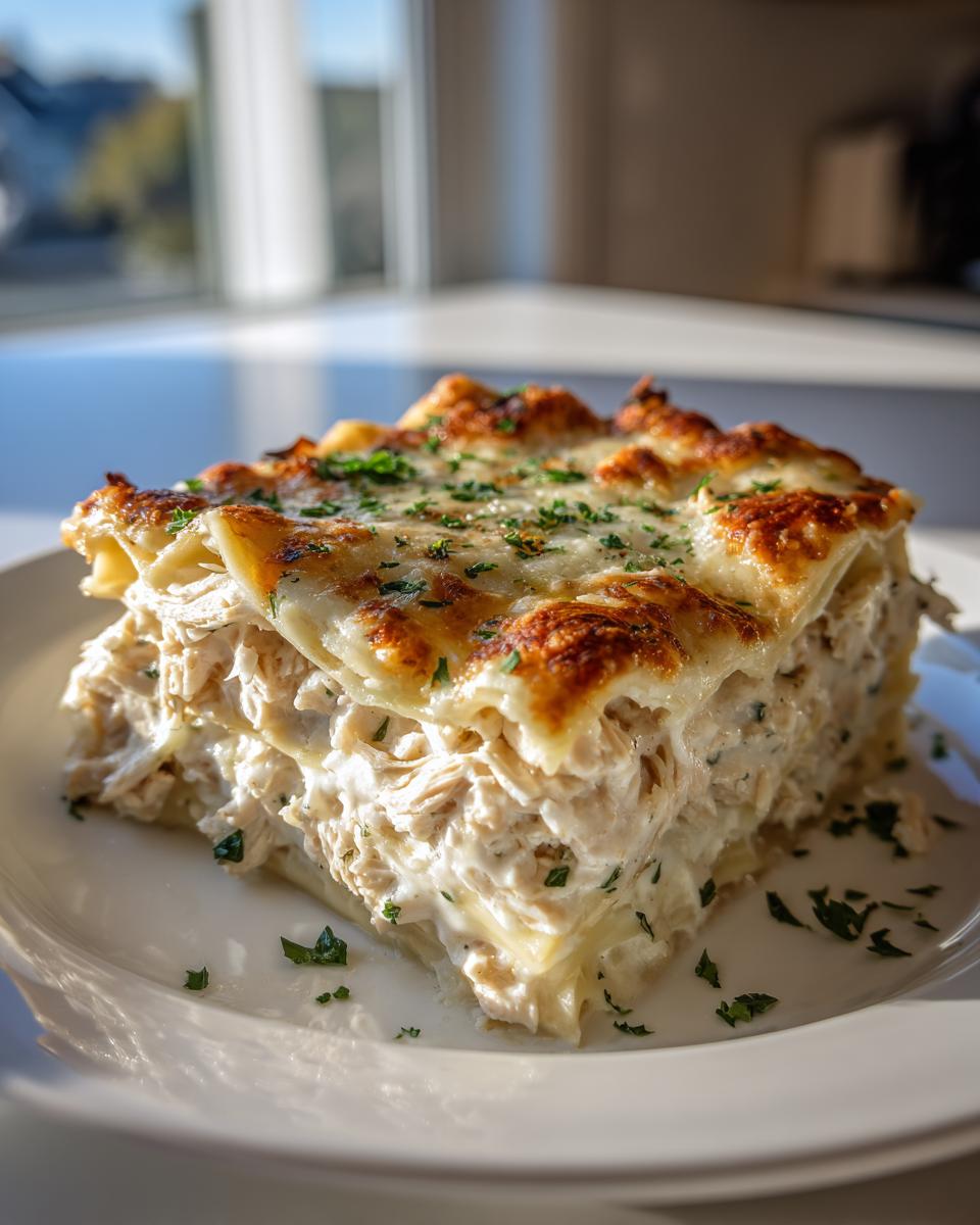 A generous slice of rich chicken alfredo lasagna showing layers of pasta, creamy chicken filling, and a browned, cheesy top.