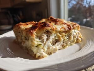 A generous slice of baked chicken alfredo lasagna with a golden-brown cheesy top, served on a white plate.