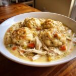 A close-up of creamy chicken and dumplings with biscuits, featuring shredded chicken and vegetables in a rich sauce.