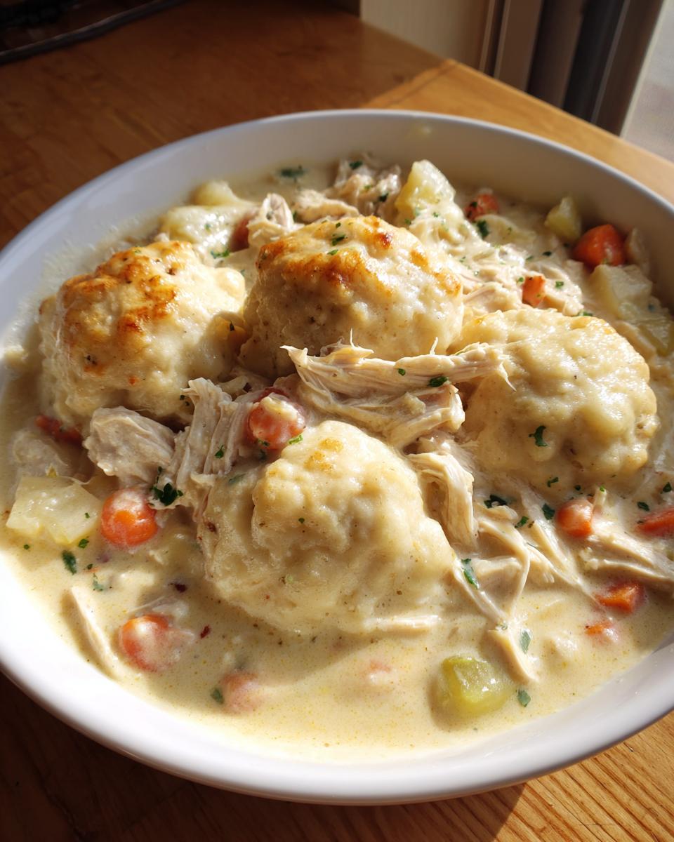 Close-up of a bowl of creamy chicken and dumplings with biscuits, shredded chicken, carrots, and herbs.