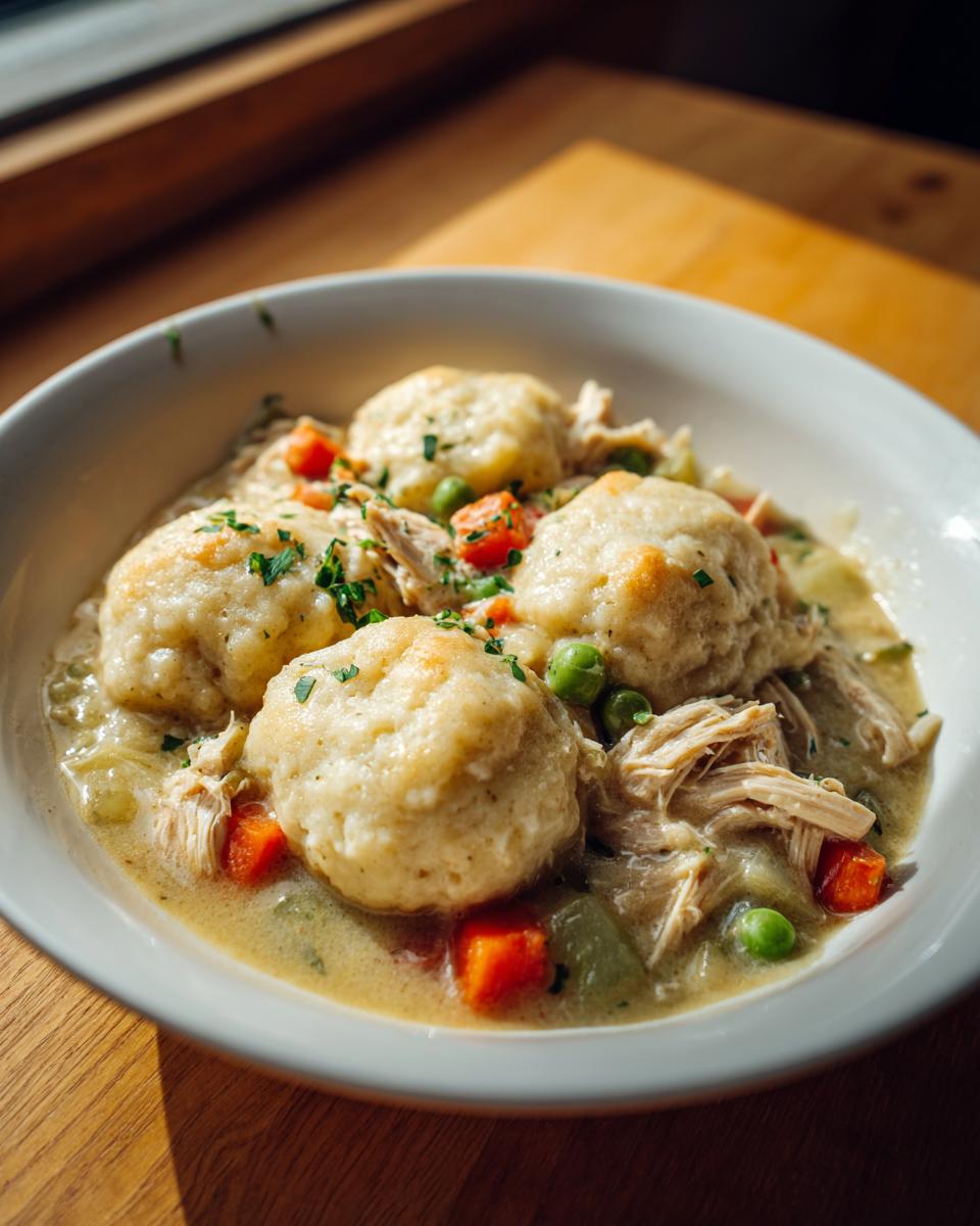 Close-up of a bowl of creamy chicken and dumplings with biscuits, featuring shredded chicken, peas, and carrots.