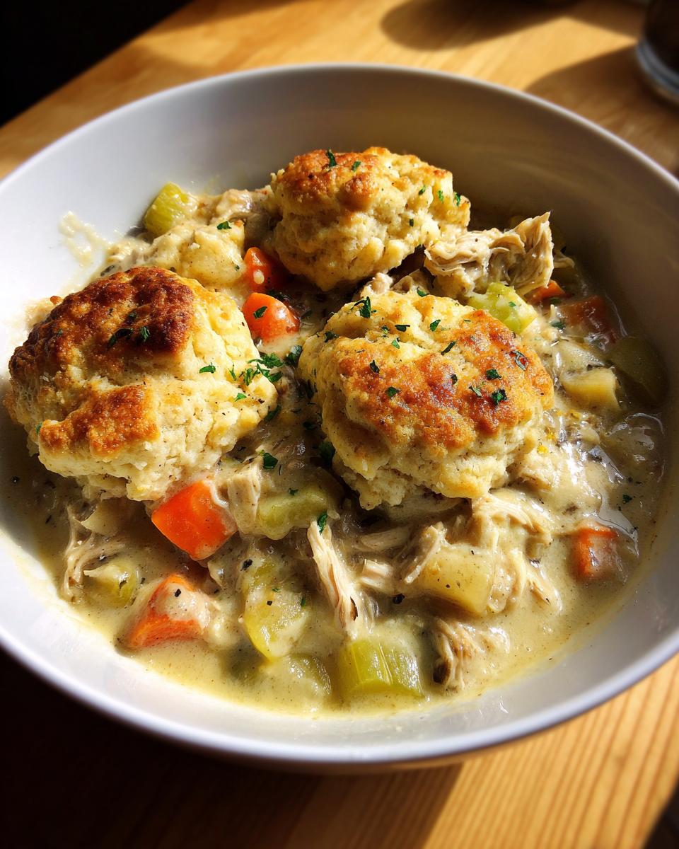 Close-up of a bowl filled with creamy chicken and dumplings with biscuits, featuring shredded chicken, carrots, and celery.