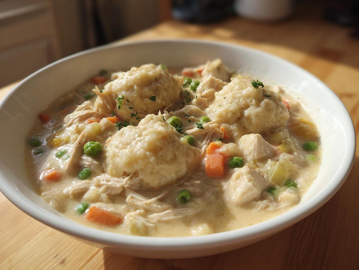 Close-up of creamy chicken and dumplings with biscuits, featuring shredded chicken, peas, and carrots.