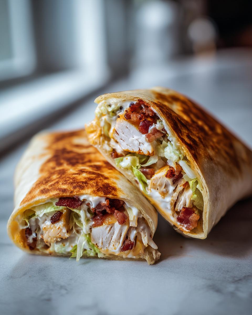 A grilled chicken bacon ranch wrap cut in half, showing chunks of chicken, bacon bits, lettuce, and creamy ranch dressing.