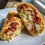 Close-up of a grilled chicken bacon ranch wrap cut in half, showing layers of chicken, bacon, lettuce, and ranch dressing.