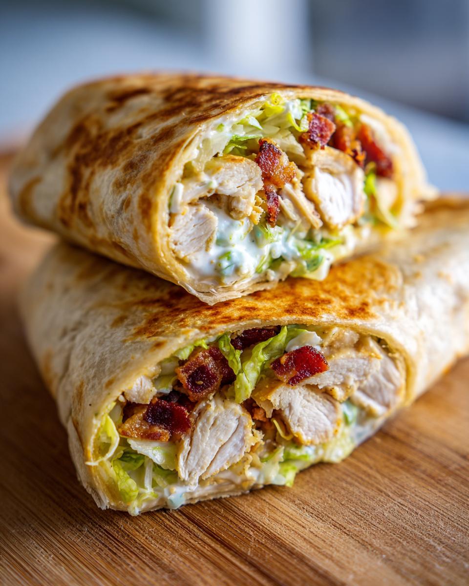 Close-up of a grilled chicken bacon ranch wrap cut diagonally, showing chicken, bacon, lettuce, and ranch dressing.