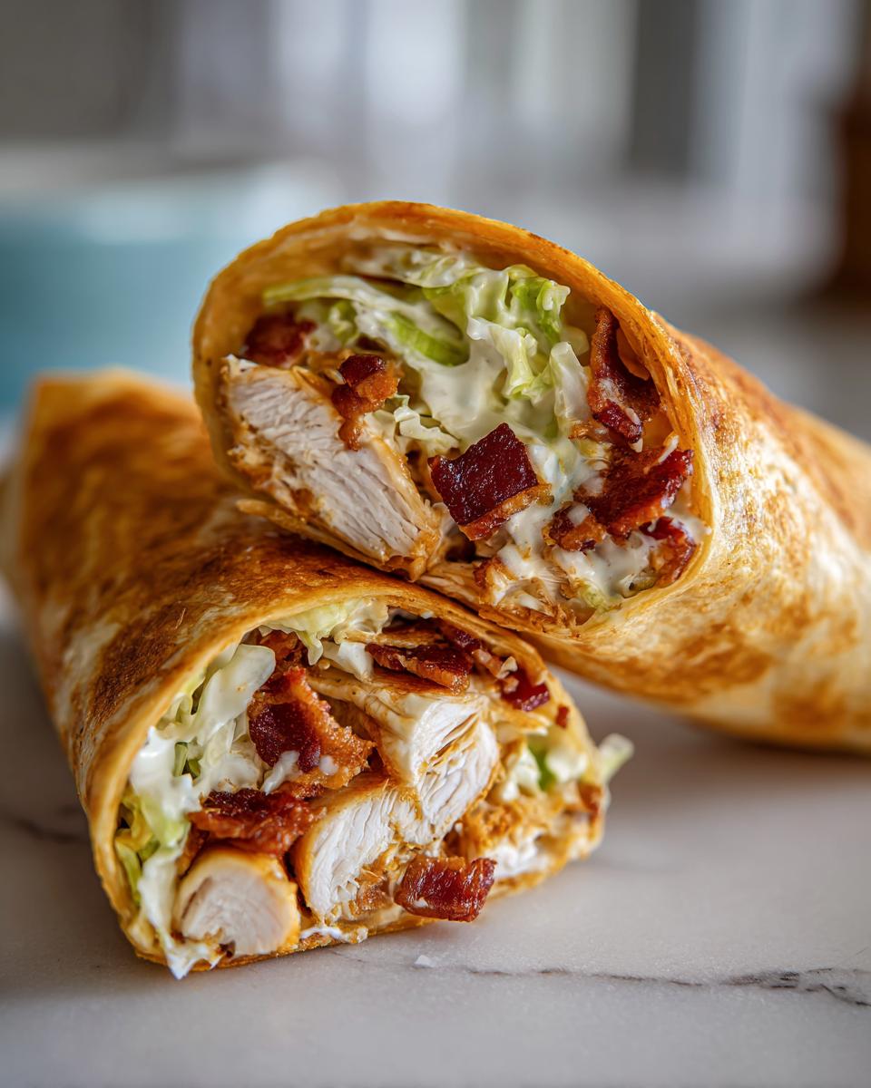 Close-up of a chicken bacon ranch wrap cut in half, showing chunks of chicken, bacon, lettuce, and ranch dressing.