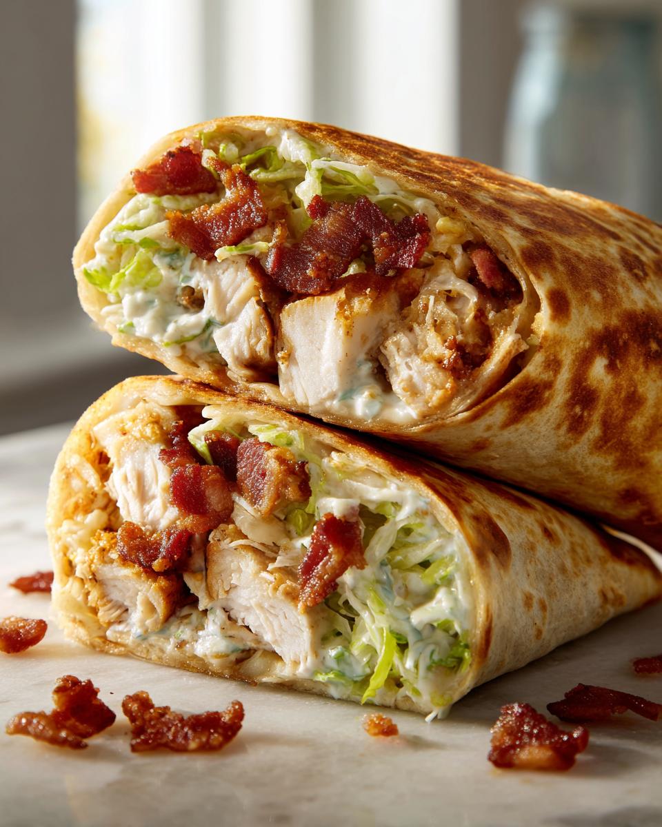 Close-up of a chicken bacon ranch wrap cut in half, showing chunks of chicken, crispy bacon, lettuce, and ranch dressing.