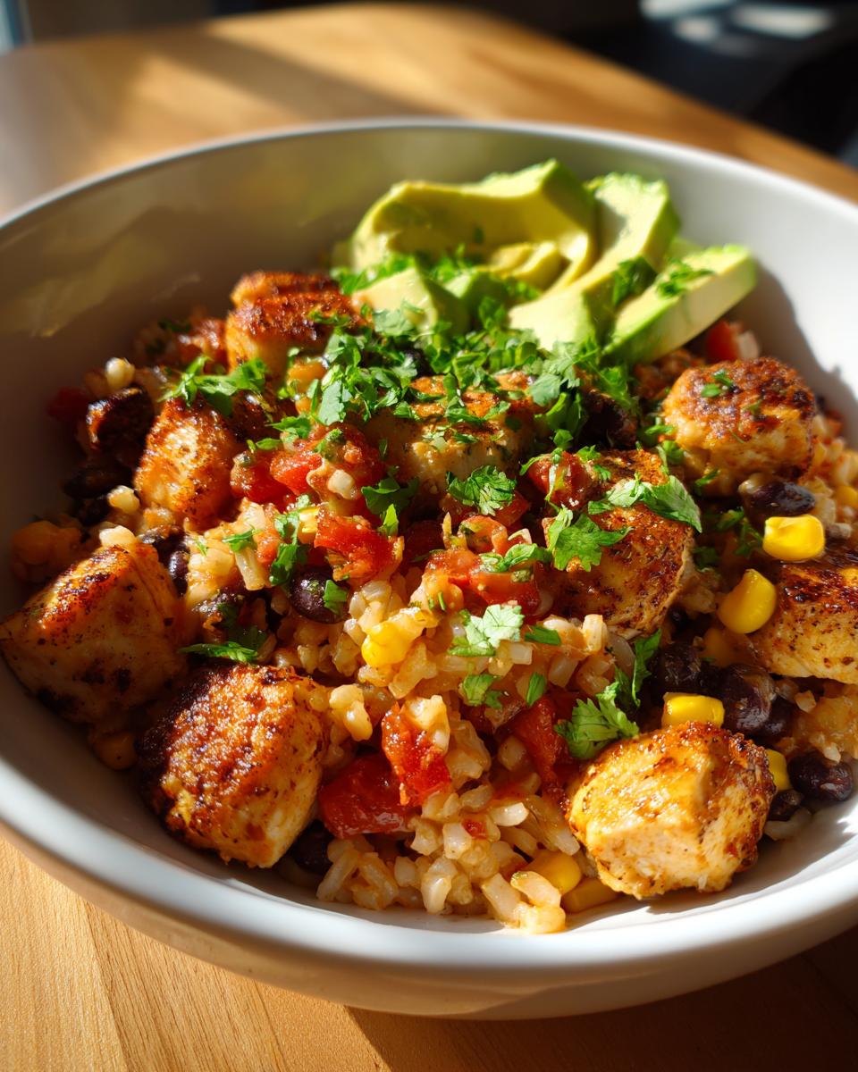 A close-up of a delicious chicken burrito bowl featuring seasoned chicken, rice, black beans, corn, and topped with sliced avocado and cilantro.