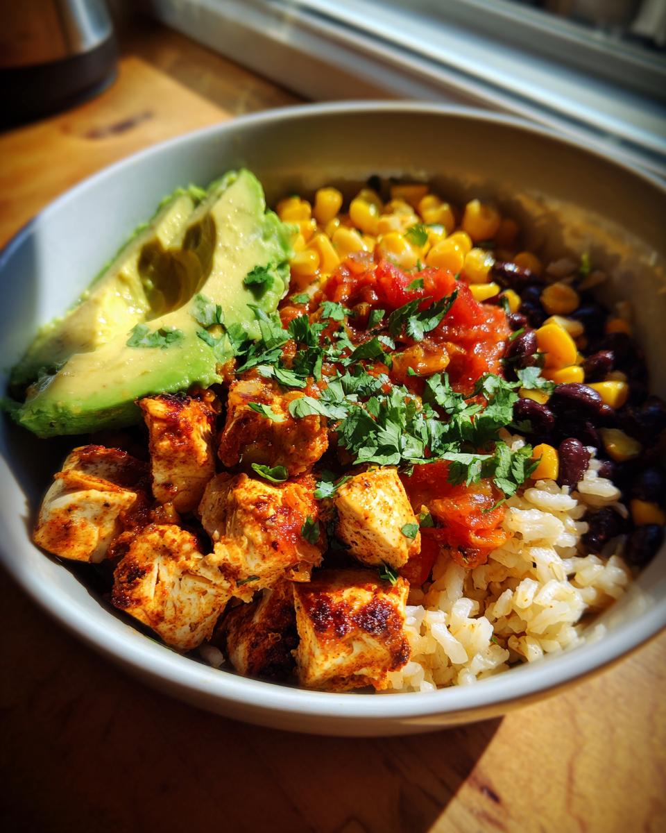 A vibrant close-up of a chicken burrito bowl featuring seasoned chicken, brown rice, black beans, corn, salsa, and avocado slices.