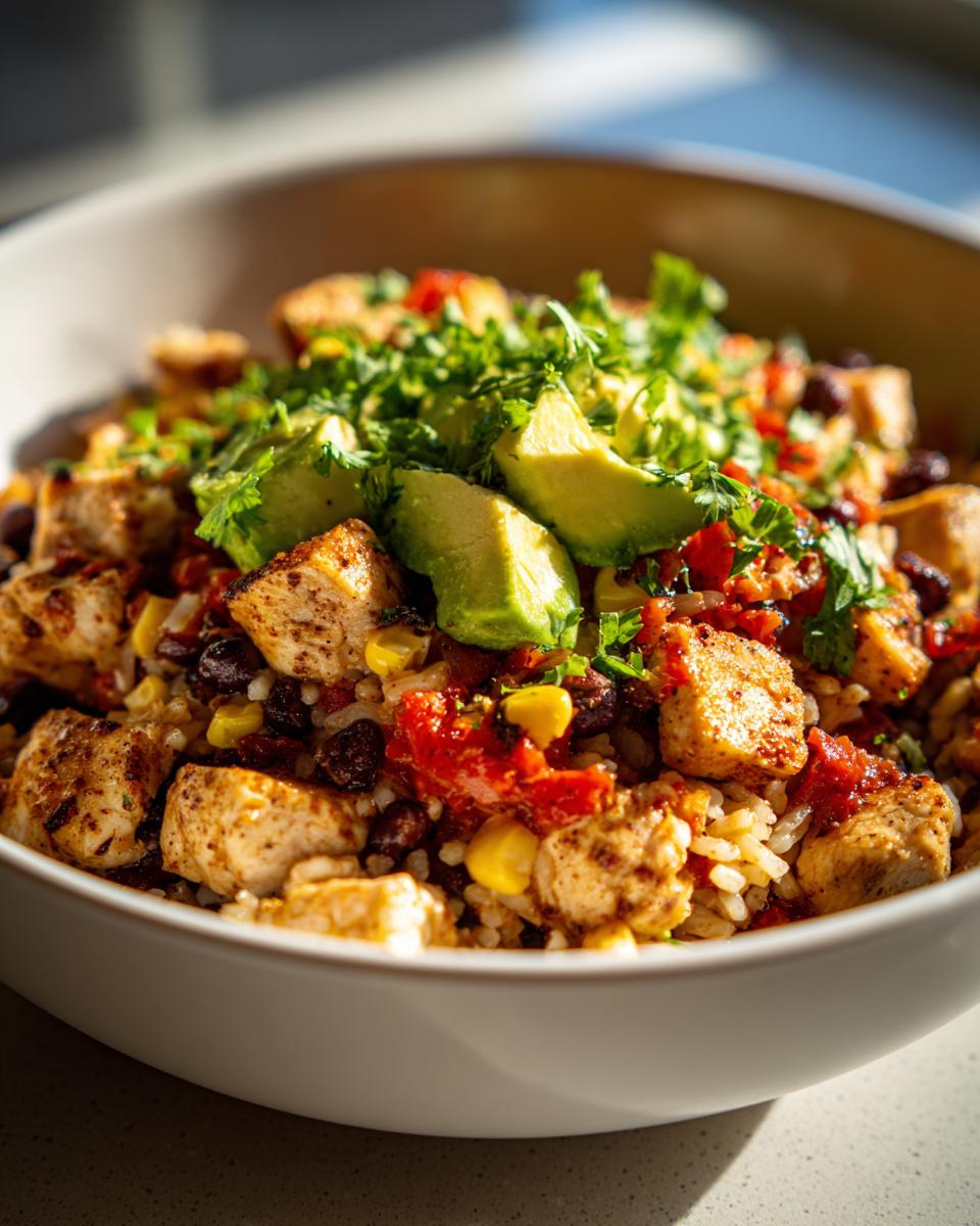 A close-up, appetizing photo of a chicken burrito bowl topped with avocado slices and fresh cilantro.