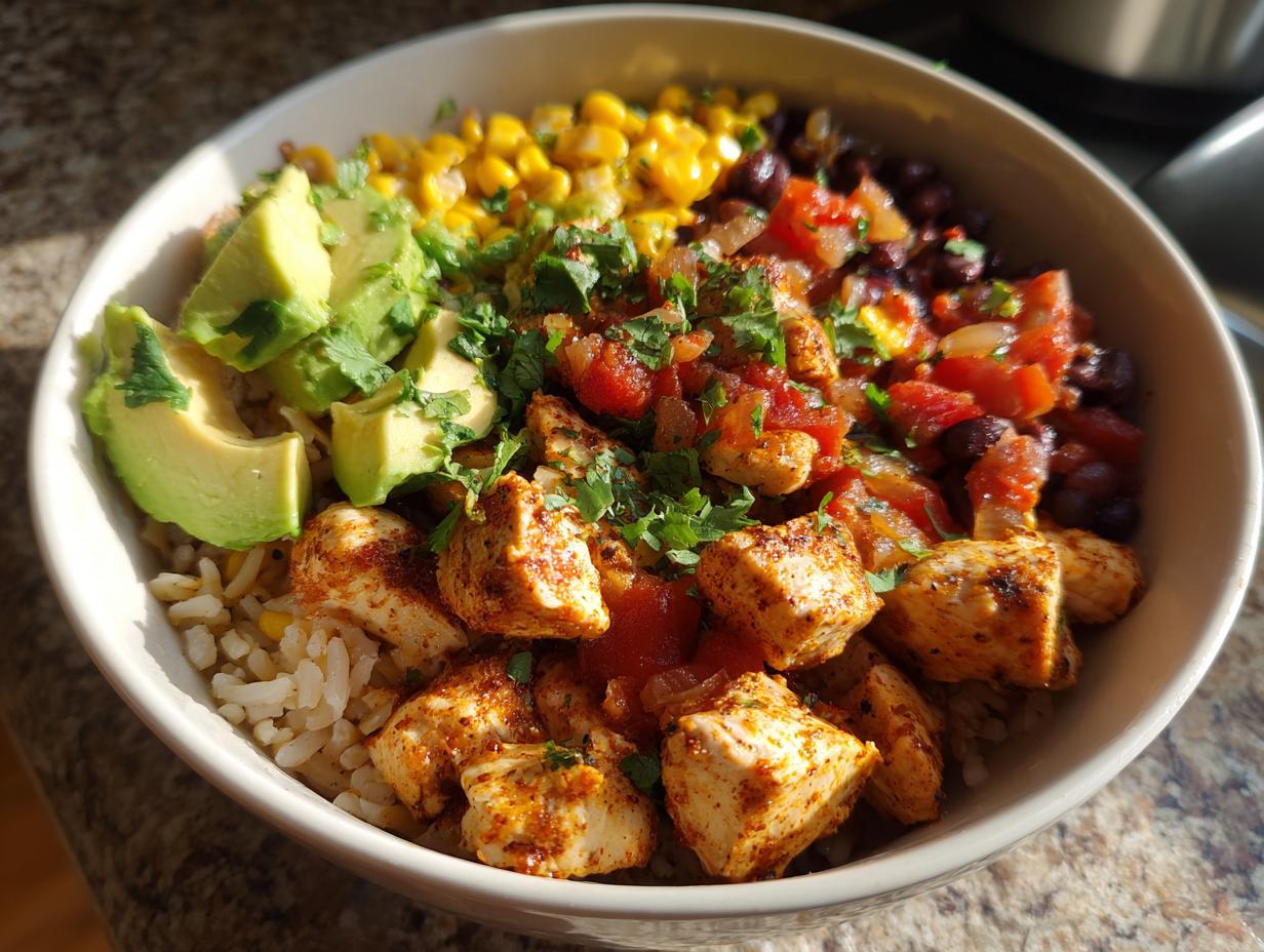 A vibrant bowl filled with seasoned chicken, brown rice, black beans, corn, salsa, and fresh avocado slices for a chicken burrito bowl.