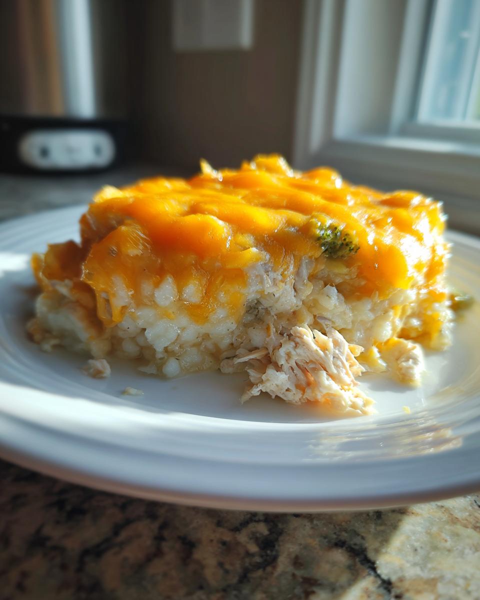 A close-up serving of chicken cauliflower rice casserole topped with melted cheddar cheese.