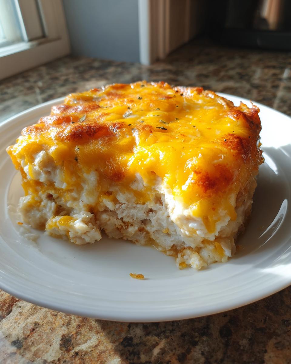 A square serving of chicken cauliflower rice casserole topped with melted, browned cheddar cheese on a white plate.