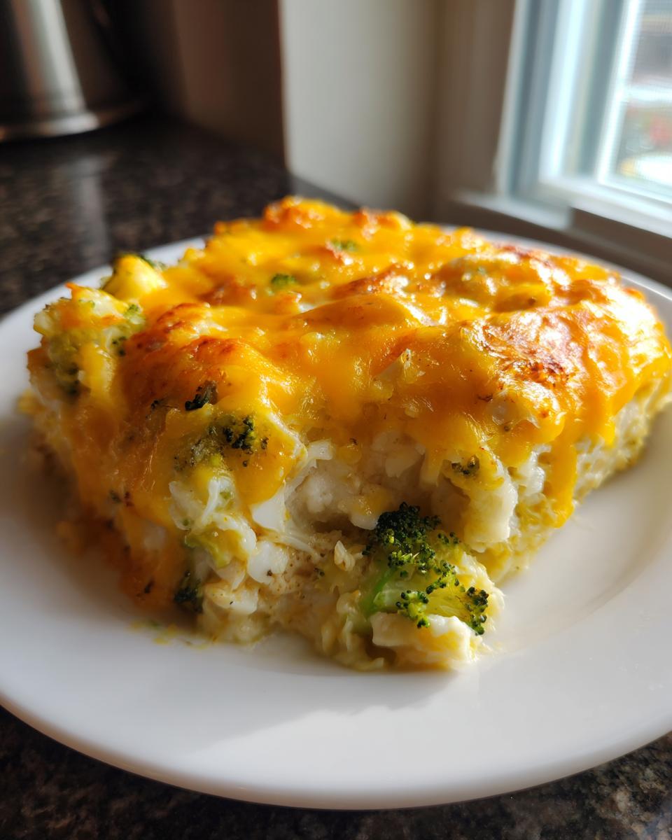 A portion of chicken cauliflower rice casserole topped with melted, bubbly cheddar cheese and visible broccoli florets.