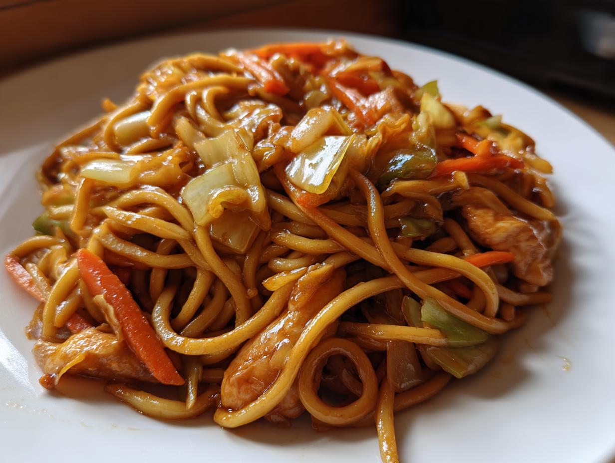 Close-up of a plate piled high with glossy chicken chow mein recipe noodles, mixed with carrots and cabbage.