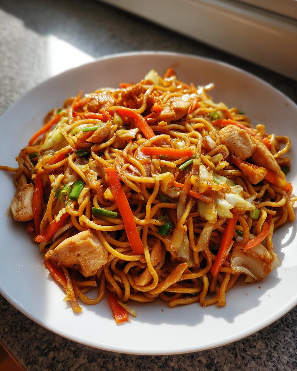 A close-up of a white plate filled with delicious chicken chow mein recipe, featuring noodles, chicken pieces, carrots, and cabbage.