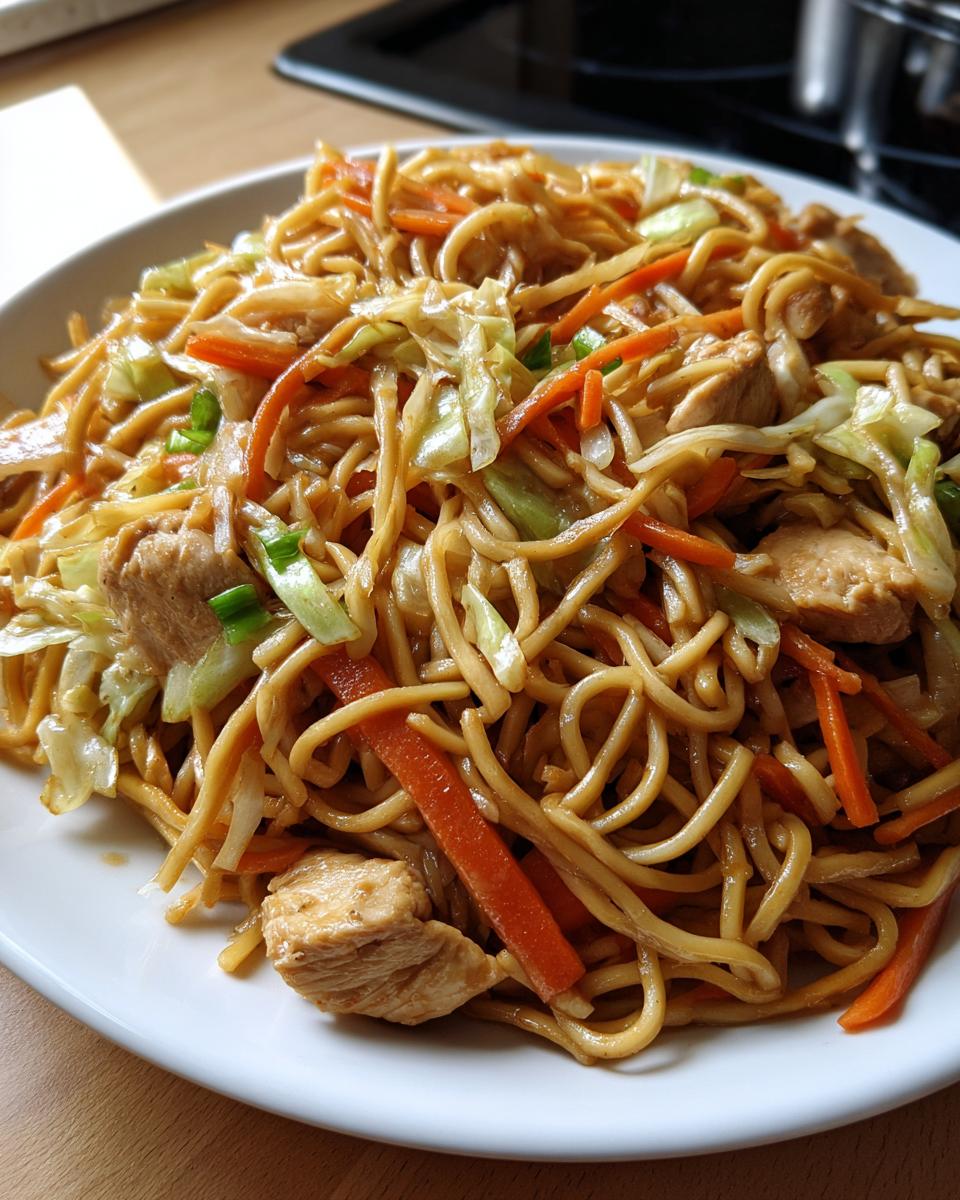 Close-up of a plate filled with savory chicken chow mein recipe, featuring noodles, chicken pieces, carrots, and cabbage.