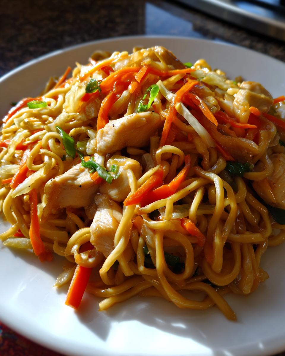 Close-up of a white plate filled with glossy chicken chow mein recipe, featuring noodles, sliced chicken, and julienned carrots.