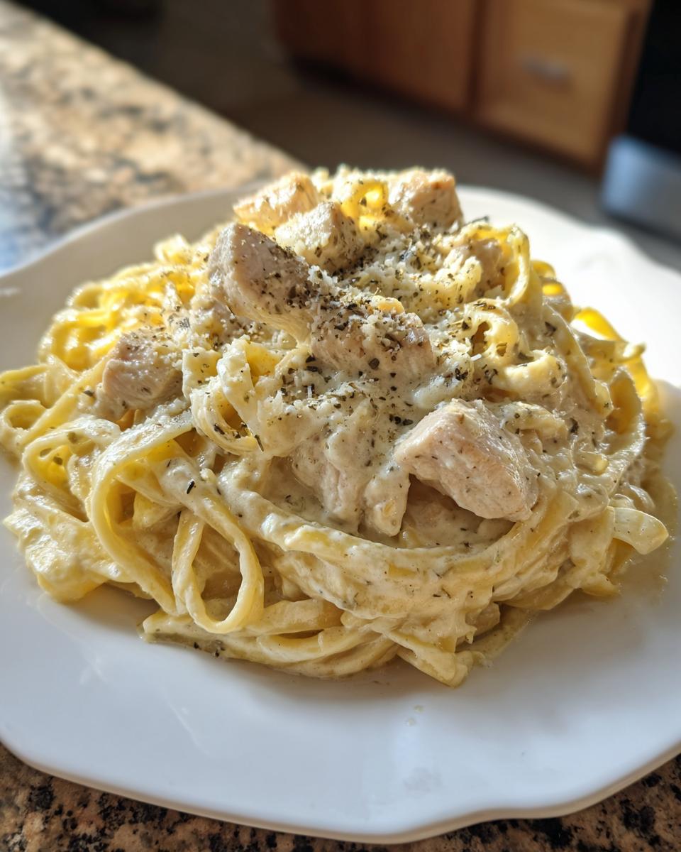 A close-up of a generous serving of chicken fettuccine alfredo, coated in rich white sauce and topped with seasoned chicken pieces.