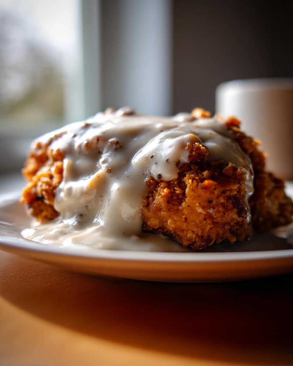 A close-up of crispy, golden chicken fried steak smothered in creamy white pepper gravy.