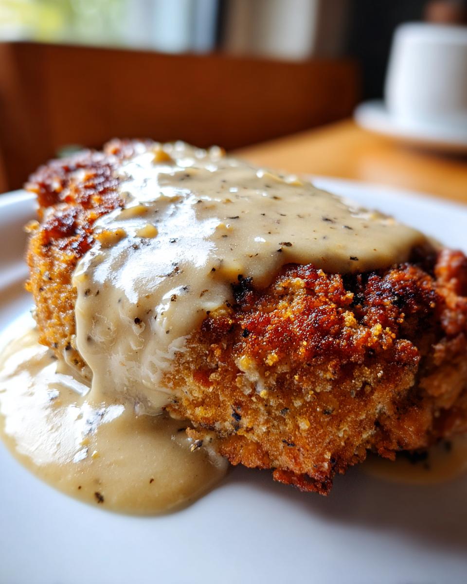 Close-up of a crispy, golden brown chicken fried steak smothered in creamy, peppered gravy.