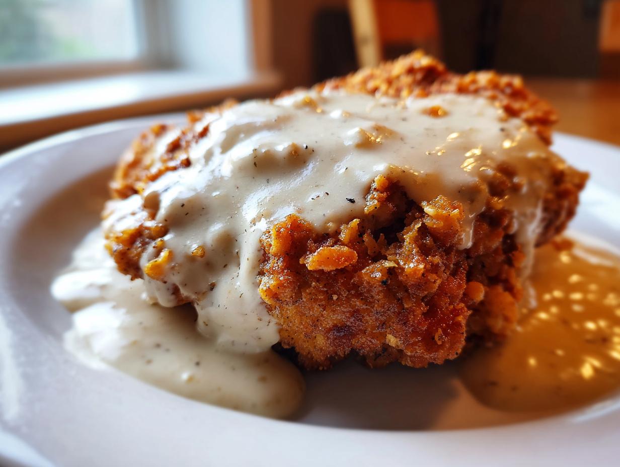 Close-up of a perfectly crispy, golden brown chicken fried steak smothered in creamy, peppered white gravy.