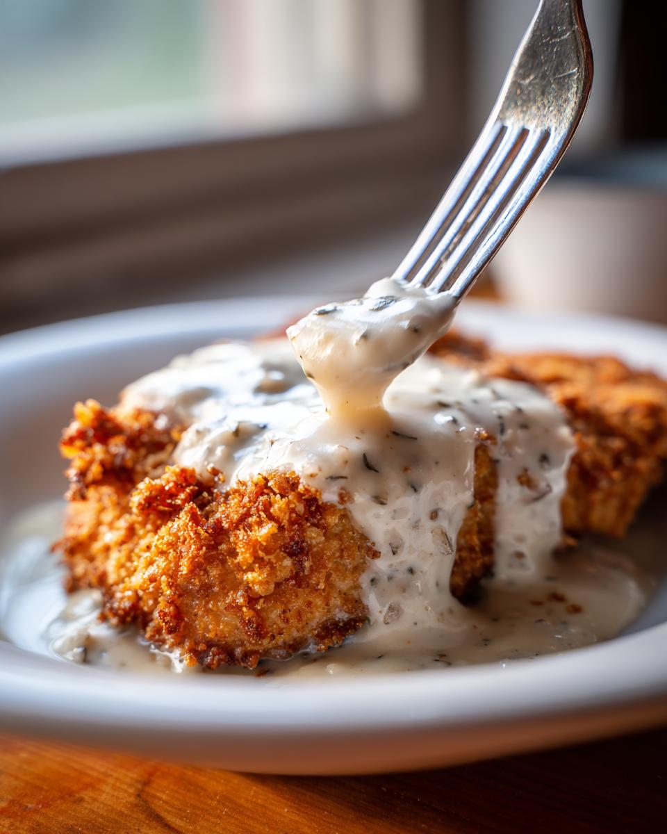 A fork lifts a piece of crispy chicken fried steak covered in creamy, peppered white gravy.