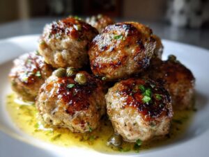 Close-up of golden-brown chicken piccata meatballs served in a lemon butter sauce with capers and parsley.