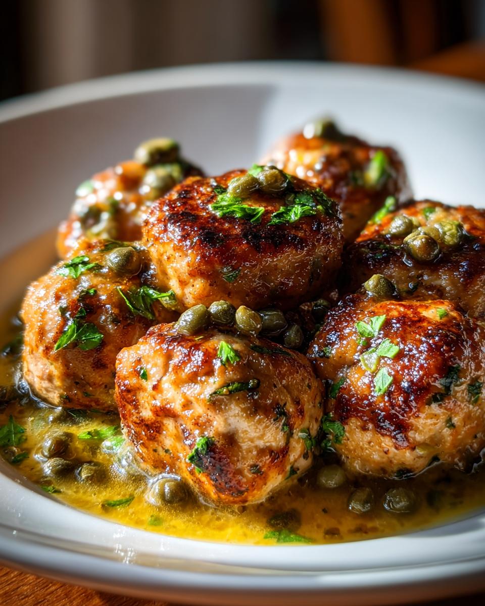 Close-up of pan-seared chicken piccata meatballs swimming in a lemon-butter sauce, topped with capers and parsley.