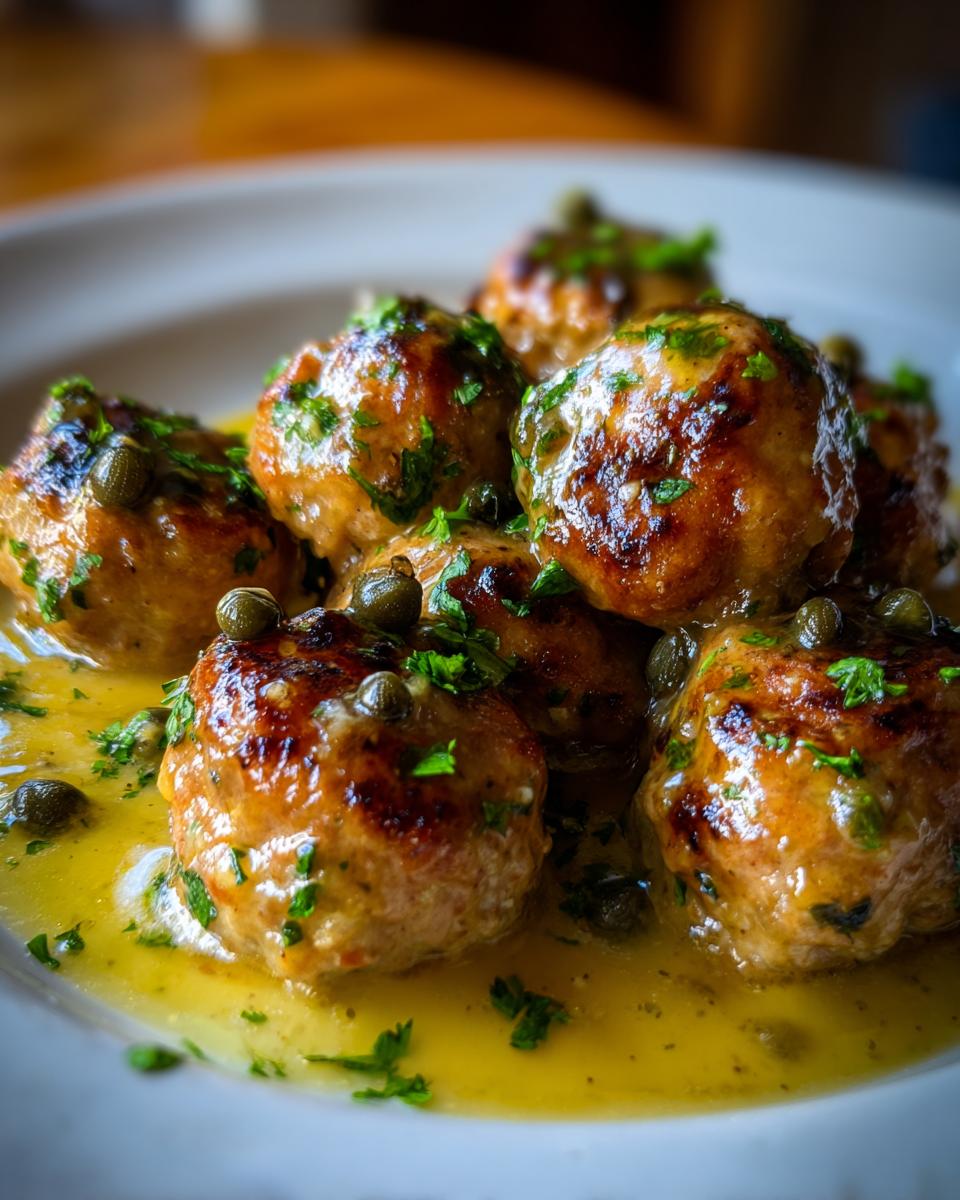 Close-up of browned chicken piccata meatballs covered in a bright lemon-butter sauce, capers, and fresh parsley.