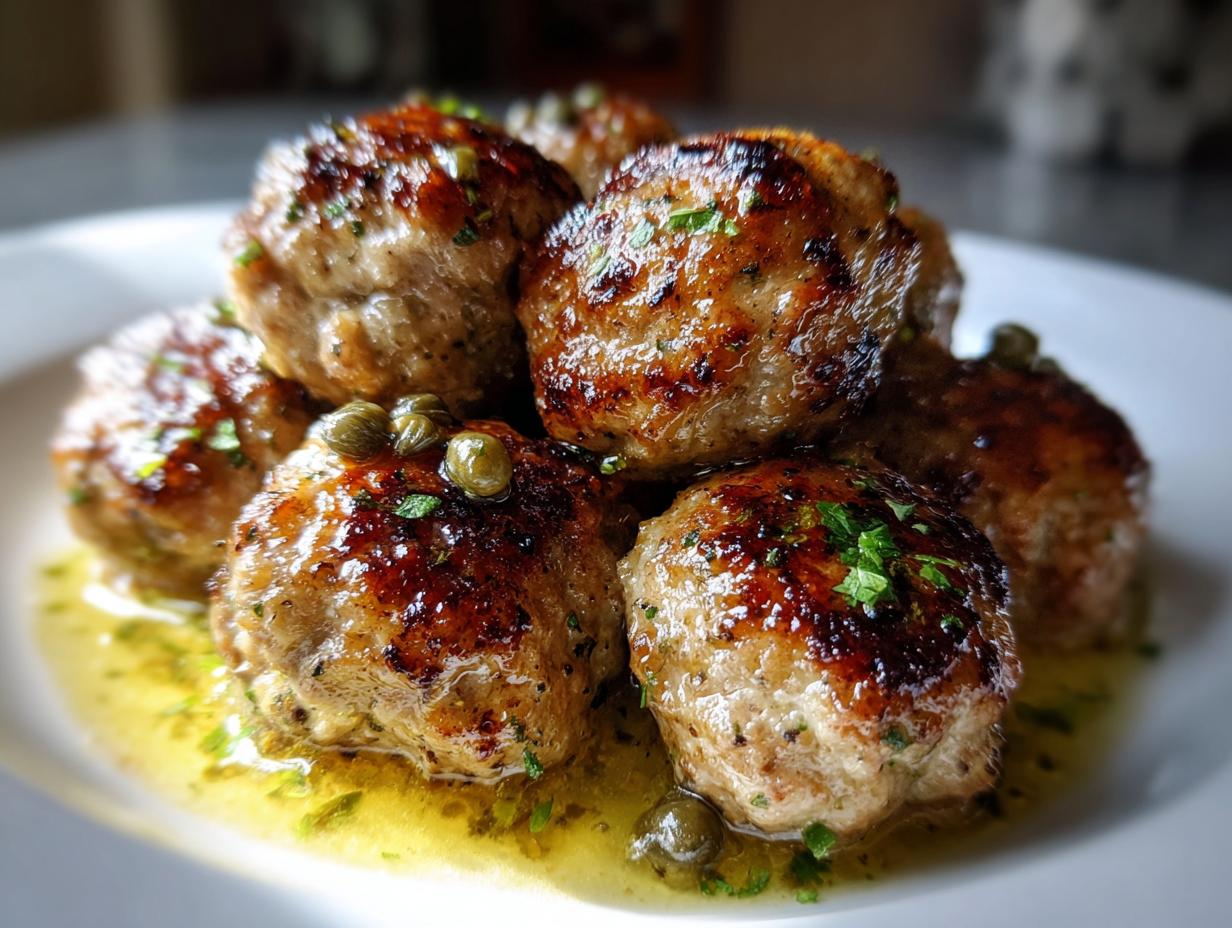 Close-up of golden-brown chicken piccata meatballs served in a lemon butter sauce with capers and parsley.