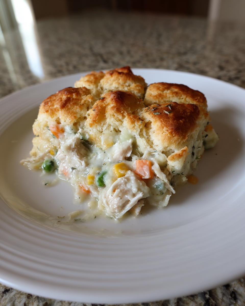 A serving of creamy chicken pot pie casserole topped with golden biscuits on a white plate.