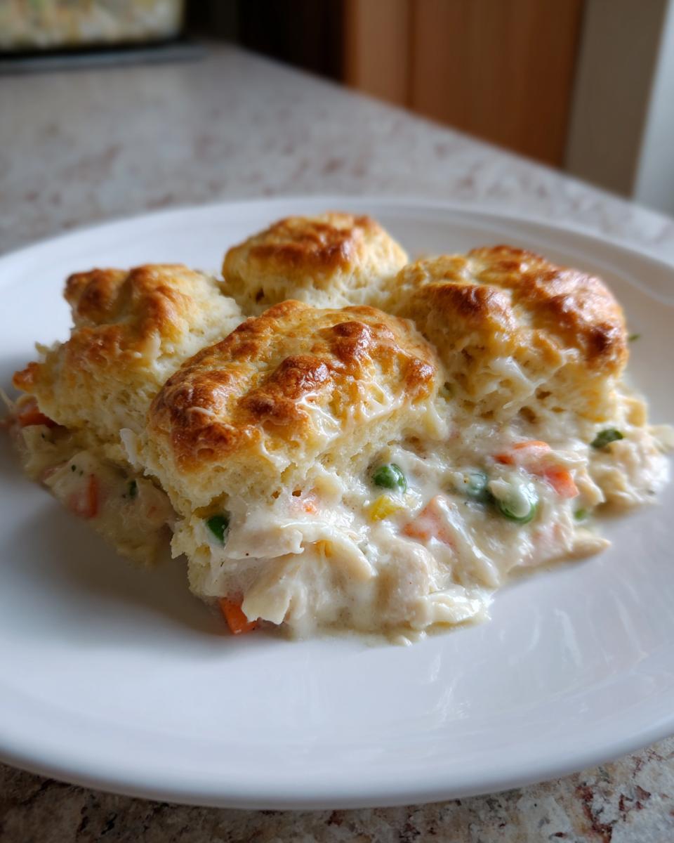 A close-up serving of chicken pot pie casserole topped with golden brown biscuits on a white plate.