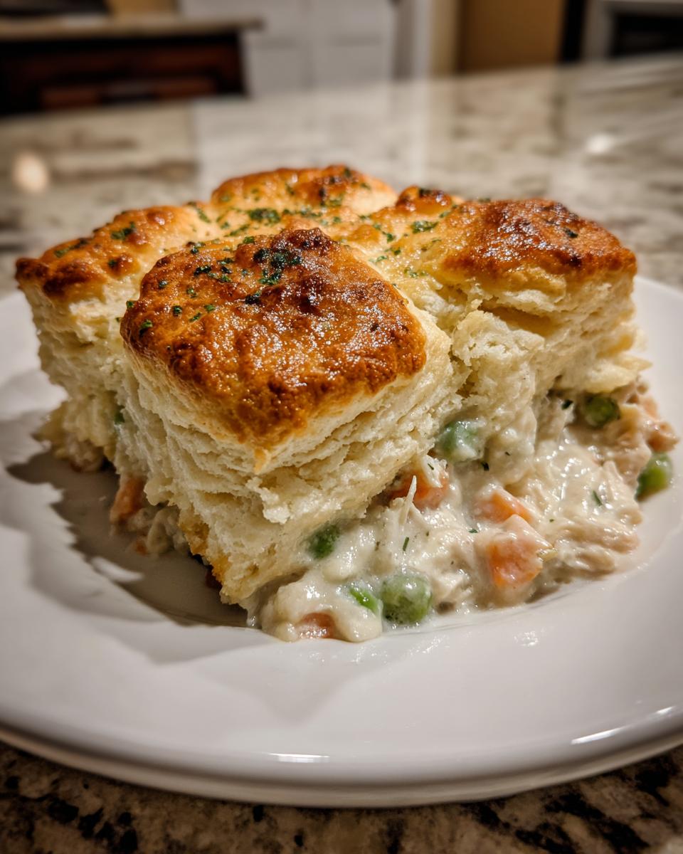A square serving of creamy chicken pot pie casserole topped with golden, flaky biscuits and sprinkled with herbs.
