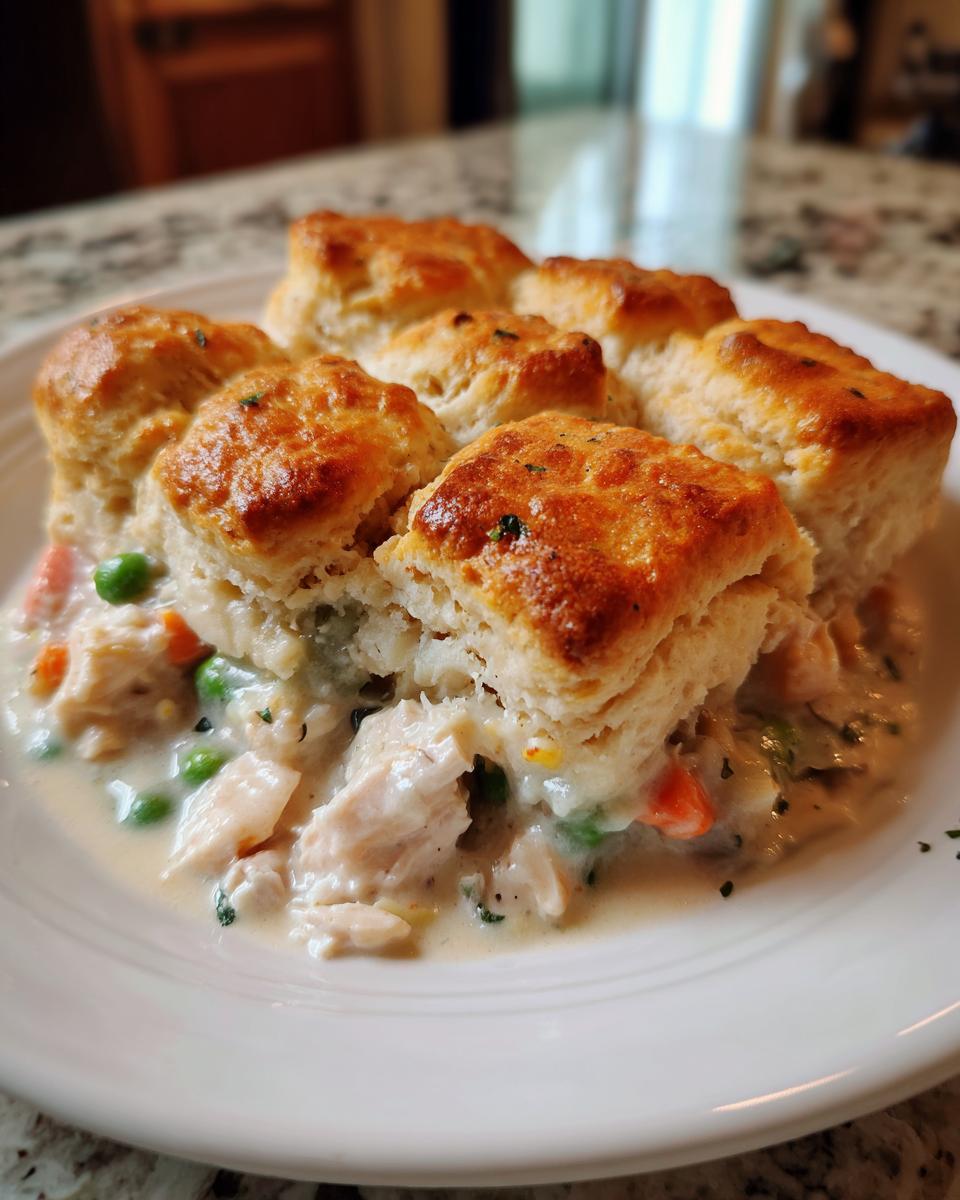 A close-up of a serving of chicken pot pie casserole topped with golden brown biscuits.