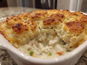 Close-up of bubbling chicken pot pie casserole topped with golden biscuits, showing creamy filling with chicken and vegetables.