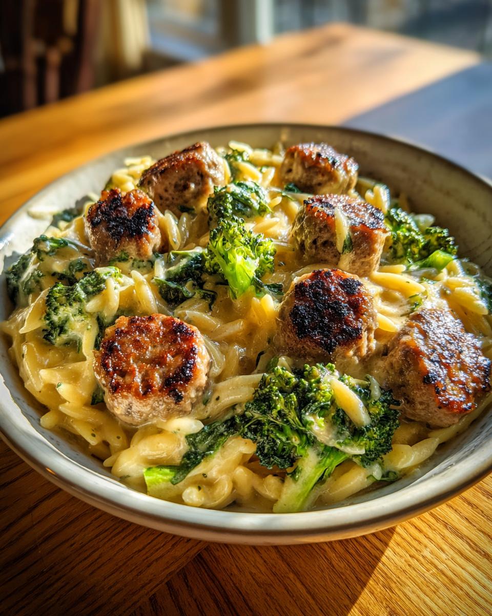 Close-up of a bowl of creamy chicken sausage and broccoli orzo, featuring browned sausage pieces.