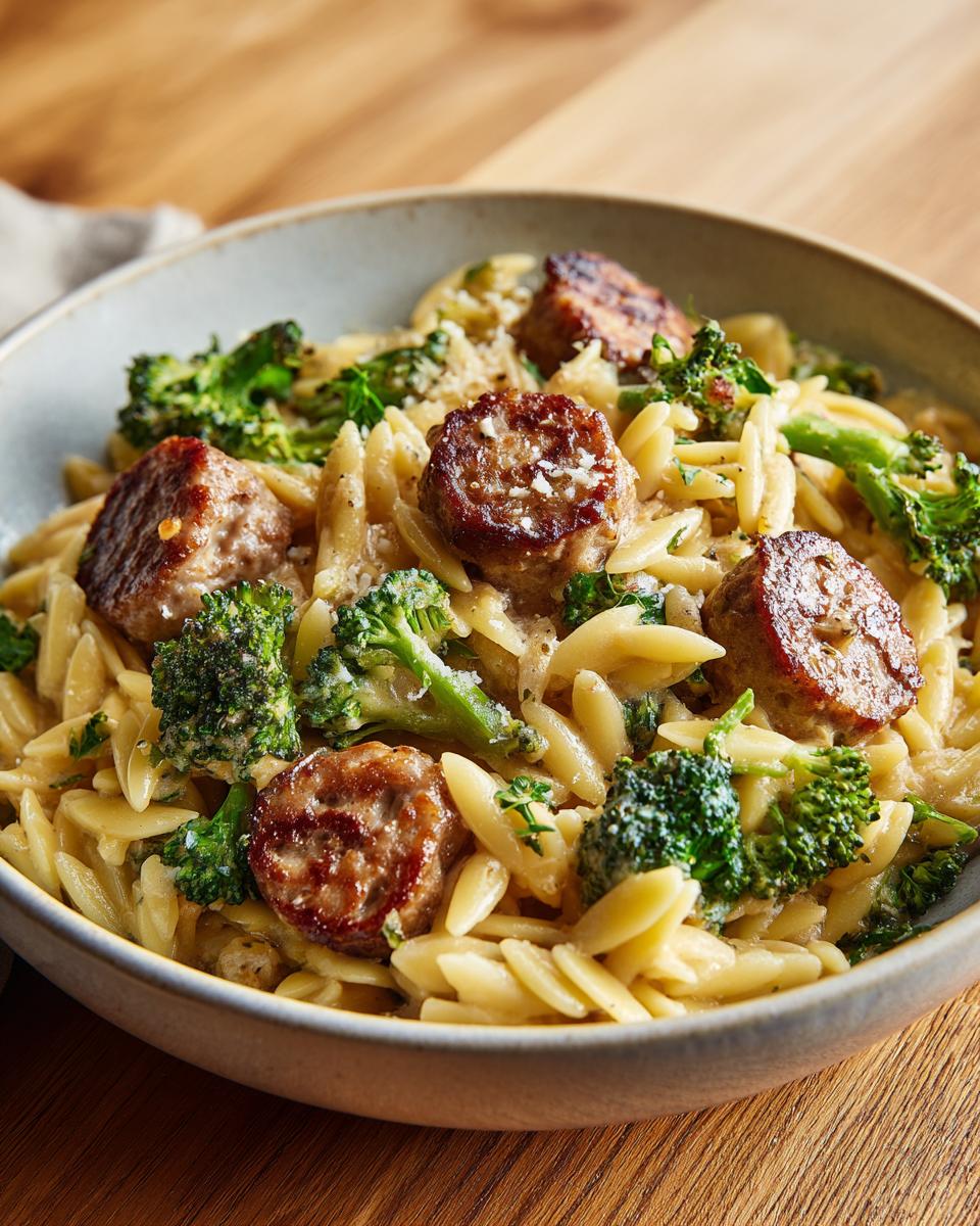 A close-up of a creamy bowl of chicken sausage and broccoli orzo pasta, topped with grated cheese.