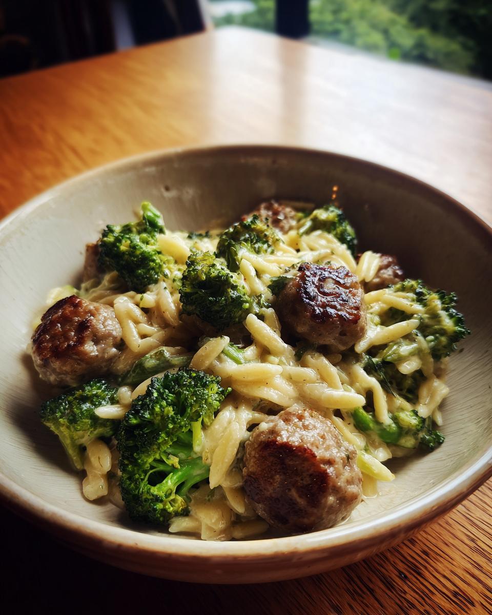 Close-up of a bowl of creamy chicken sausage and broccoli orzo with browned sausage pieces.