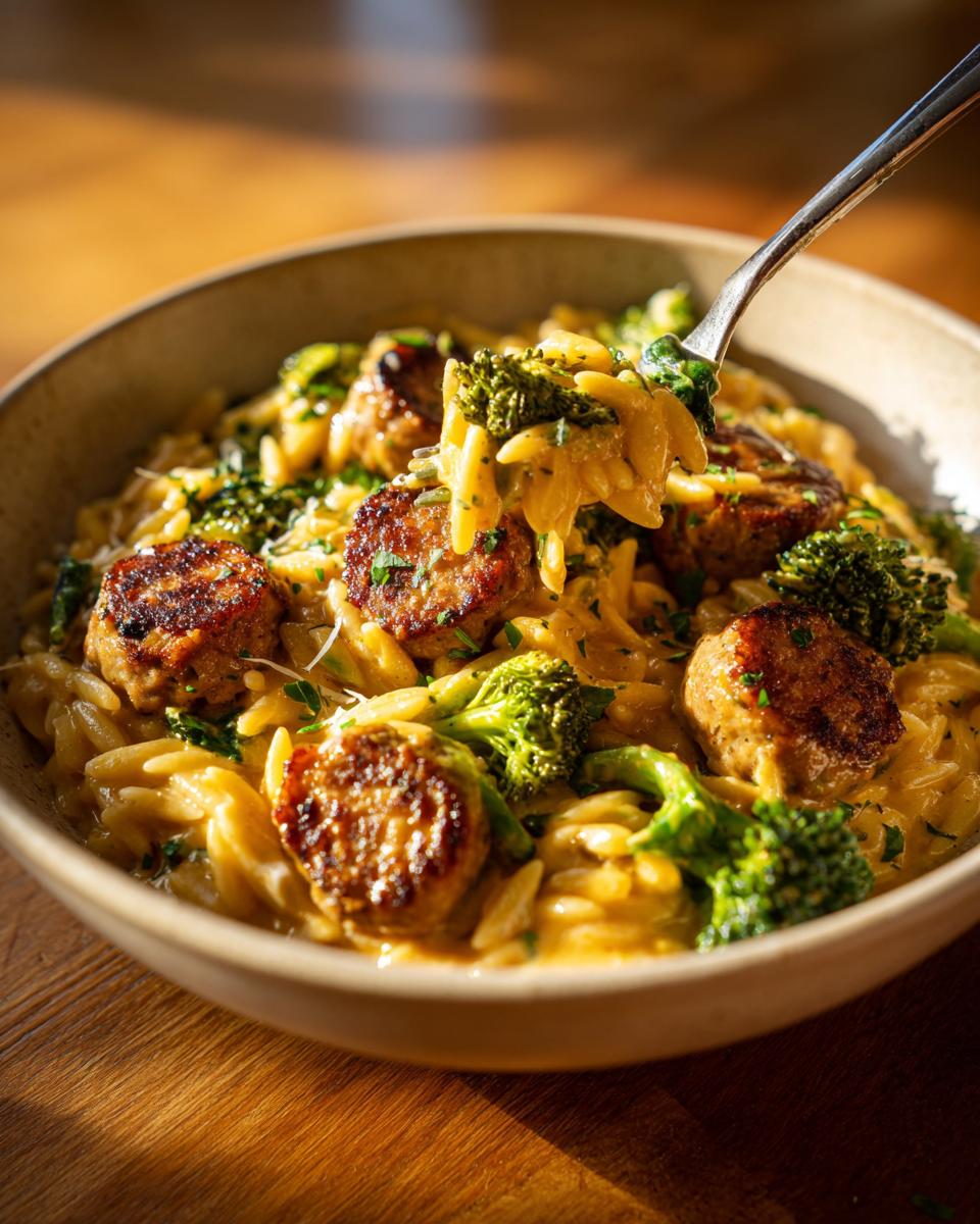 A close-up of a creamy bowl of chicken sausage and broccoli orzo, with a fork lifting a bite.