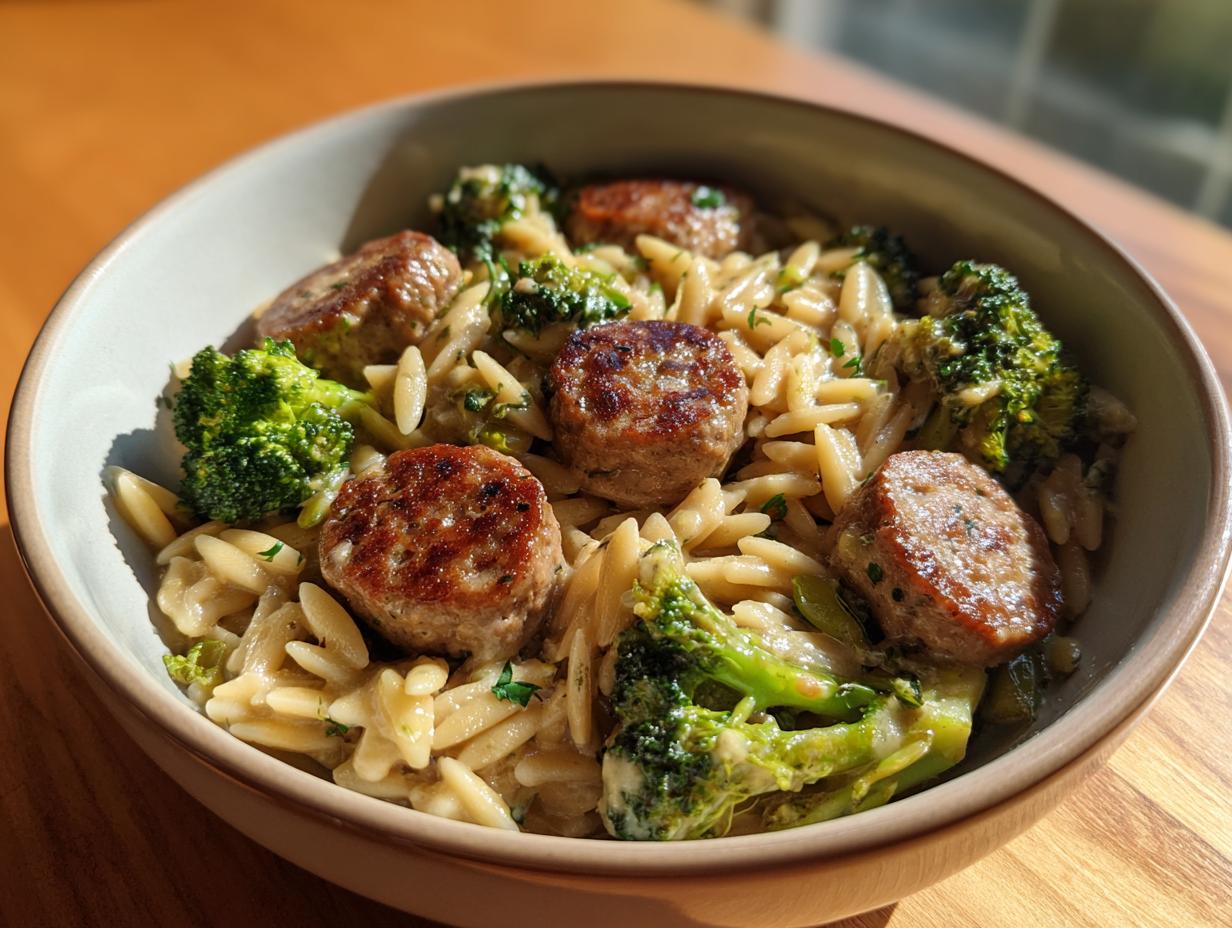 A close-up bowl of savory chicken sausage and broccoli orzo pasta, featuring browned sausage slices and bright green florets.