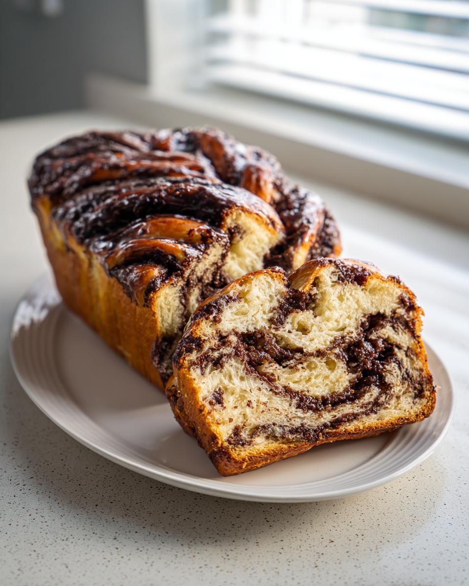 A loaf of freshly baked chocolate babka with one slice cut, showing the rich chocolate swirl filling.
