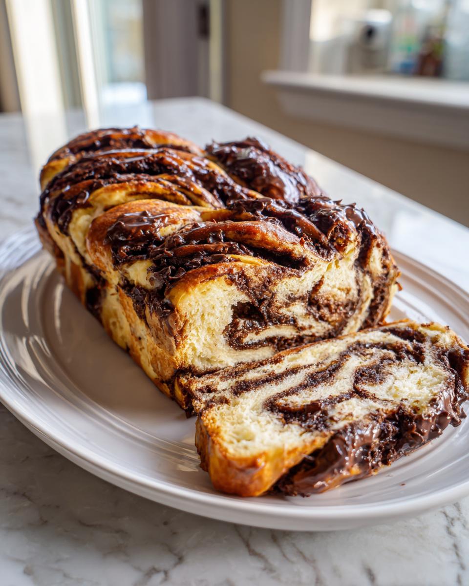 A freshly baked chocolate babka loaf, partially sliced, showing rich chocolate swirls inside, resting on a white platter.