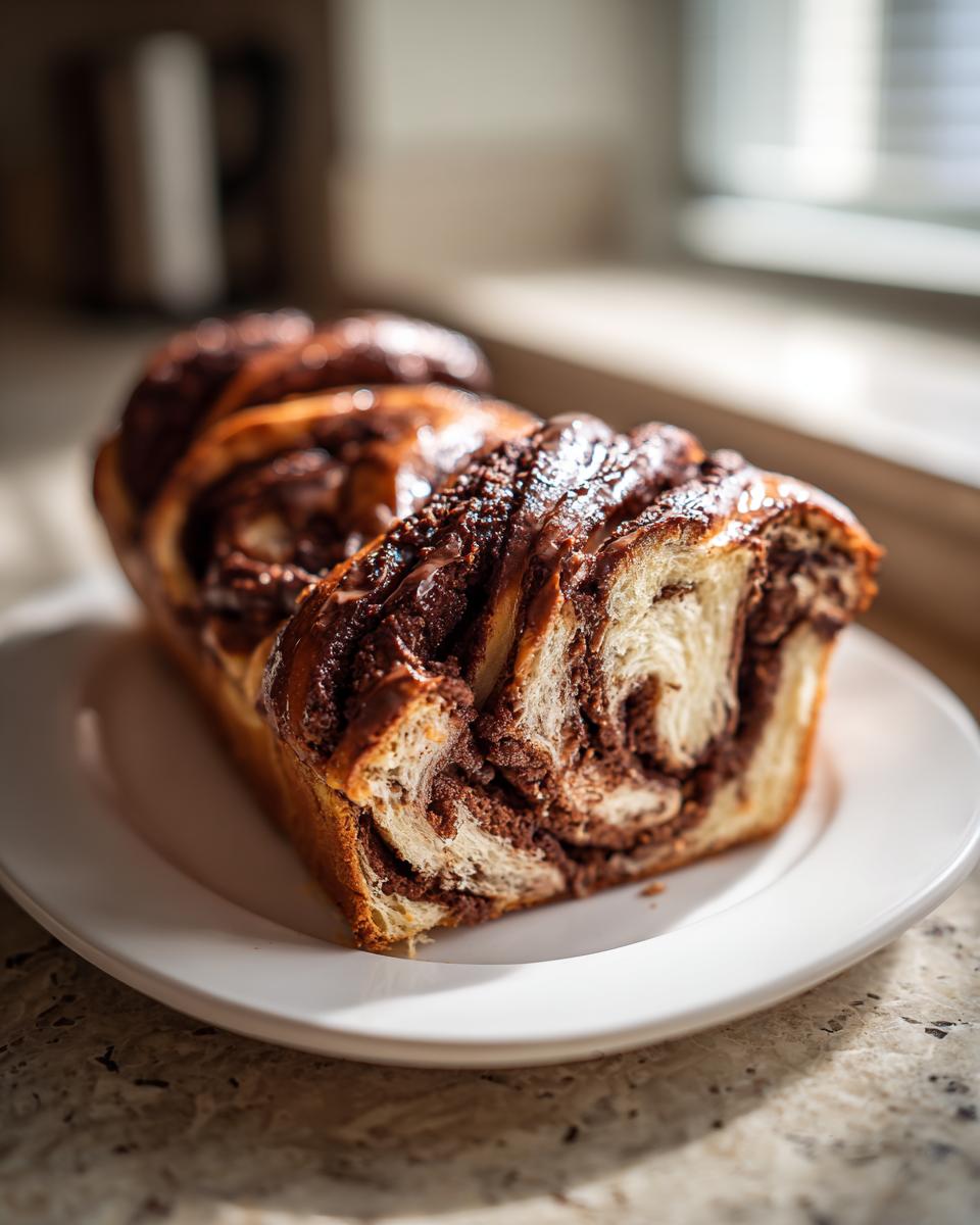 A close-up of a freshly baked chocolate babka loaf, showing rich chocolate swirls and a glossy glaze.