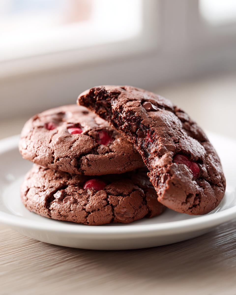 A stack of three rich, dark chocolate cherry cookies, one broken open to show the gooey interior.